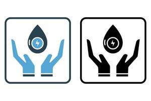 Abbildung des Symbols für sichere Wasserkraft. Handsymbol mit Wassertropfen und Strom. Symbol für Ökologie, erneuerbare Energien. solider Icon-Stil. einfaches Vektordesign editierbar vektor