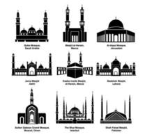 Allt moské vektor ikoner. enkel illustration uppsättning av 9 moské element. redigerbar ikoner. ui och webb design masjid vektorer. skön moskéer.
