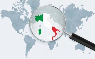 Weltkarte mit einer Lupe, die auf Italien zeigt. Karte von Italien mit der Flagge in der Schleife. vektor