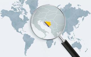 Weltkarte mit einer Lupe, die auf Bosnien und Herzegowina zeigt. Karte von Bosnien und Herzegowina mit der Flagge in der Schleife. vektor