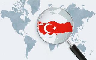 Weltkarte mit einer Lupe, die auf die Türkei zeigt. karte der türkei mit der flagge in der schleife. vektor