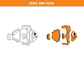 verfolgen und färben sie niedliche clownfische der karikatur. Arbeitsblatt für Kinder. vektor