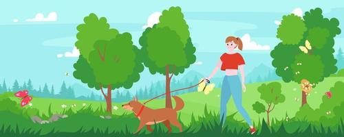 junge frau, die mit hund im park spaziert, frühlingssaison. Outdoor-Aktivität, Trainingskonzept. landschaft mit grüner graswiese, bäumen, blumen, käfern und waldsilhouette im hintergrund. vektor