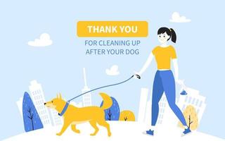 Danke, dass Sie nach Ihrem Hund aufräumen. Mädchen mit Hund Akita, Blick auf die Stadt mit Wolkenkratzern, Häusern, Bäumen. Sammeln Sie Hundekot in eine Tasche, Vektorillustration in gelben und blauen Farben.. vektor