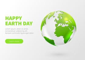 Happy Earth Day mit Glaskugel auf weißem Hintergrund. Happy Earth Day-Vektordesign für Banner-Layout-Grußkarte und Poster. Ökologie-Design-Vorlage. Vektor-Illustration. transparenter Kristall. vektor