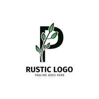 Brief p Gekritzel Blatt Initiale rustikal Vektor Logo Design Element