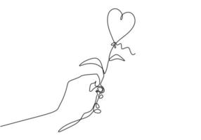 Hand, die Blume mit Herzsymbol hält. Liebe und romantische eine Strichzeichnung. vektor