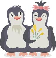 söt tecknad serie faller i kärlek pingviner för hälsning kort. två vektor kramas leende pingviner med blommor.