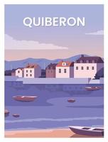 schön Sonnenuntergang Über das Stadt im Quiberon. Reise zu Quiberon Bretagne, Frankreich. Vektor Illustration mit farbig Stil zum Poster, Postkarte, Karte, Kunst, drucken.