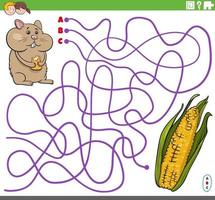 pedagogiskt labyrint spel med tecknad hamster och majskolv vektor