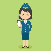 Stewardess Charakter halten das Telefon vektor