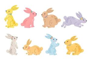 kanin, kanin och hare, vår festlig djur- med blommor. tecknad serie påsk Semester vektor tecken, kan vara Begagnade för affischer, kort av några skriva ut. påsk söndag vektor samling isolerat på vit.