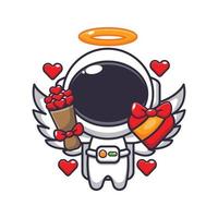 süß Astronaut Amor Karikatur Charakter halten Liebe Geschenk und Liebe Strauß. vektor