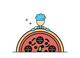illustration av platt design översikt kock arbetssätt med pizza och hamburgare vektor
