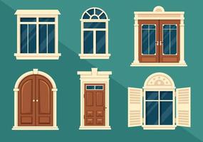 hus arkitektur med uppsättning av dörrar och fönster olika former, färger och storlekar i mall hand dragen tecknad serie platt bakgrund illustration vektor