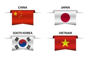 Set aus vier chinesischen, japanischen, koreanischen und vietnamesischen Bändern. Made in China, Made in Japan, Made in Südkorea und Made in Vietnam Aufkleber und Etiketten. Vektor einfache Symbole mit Flaggen