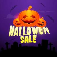 Halloween-Verkaufsfahnenvektor, gespenstische Halloween-Hintergrundschablone mit Kürbissen und Fledermäusen für Werbeartikel oder Social-Media-Post vektor