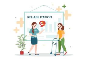 rehabilitering platt tecknad serie hand dragen mallar illustration med läkare portion patient ortopedisk fysioterapi, fysisk aktivitet och sjukvård vektor