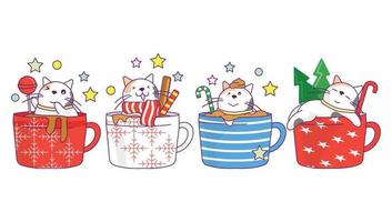 samling av söt katt i jul dryck kopp, kaffe eller te med klotter tecknad serie stil. vektor