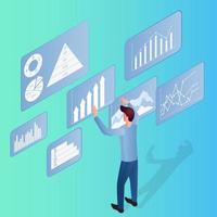 Geschäft Analytik.a Geschäftsmann Studien infografiken.die Konzept von Zusammenarbeit und Daten Buchhaltung.Business und Projekt finanzierung.isometrische Vektor Illustration.