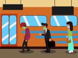 soziale Distanzierung im öffentlichen Verkehr. Menschen in der U-Bahn, männliche und weibliche Charaktere mit Schutzmasken im Gesicht. Covid19 Pandemie. vektor