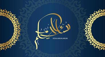 arabische kalligraphie assalamualaikum mit goldener farbe und blauem klassischem hintergrund, übersetzt als möge der frieden, die barmherzigkeit und der segnen gottes auf ihnen sein vektor