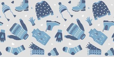 nahtlos Muster mit warm Winter Kleidung. gestrickt Pullover, Hut, Handschuhe, Stiefel, Schal und Socken vektor