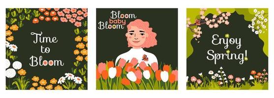 Frühling inspirierend Karten Satz. Frau mit Blumen. Blumen- Muster. Schmetterlinge, Tulpen. Text blühen Baby, blühen. genießen Frühling. gut Vorlage zum Netz, Karte, Poster, Banner. Vektor Illustration