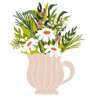 Strauß mit Wildblumen, Kamillen, Kleeblatt im Vase. Frühling Blüte. Vektor Illustration