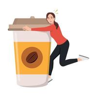 süß Mädchen Umarmungen Riese Kaffee Becher eben Karikatur Vektor Illustration isoliert auf Weiß Hintergrund. Kaffee Liebhaber. eben Vektor Illustration isoliert auf Weiß Hintergrund