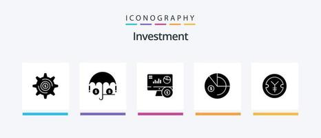 investering glyf 5 ikon packa Inklusive yen. mynt. uppkopplad. investering. data. kreativ ikoner design vektor