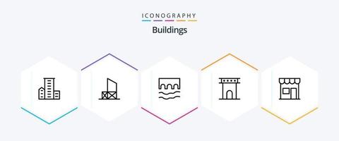 byggnader 25 linje ikon packa Inklusive kolumn. båge. rädda. flod. historisk vektor