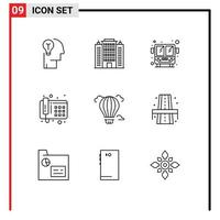 grupp av 9 konturer tecken och symboler för luft ballong hotell telefon kommunikation redigerbar vektor design element