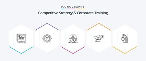 wettbewerbsfähig Strategie und korporativ Ausbildung 25 Linie Symbol Pack einschließlich entwickeln. Analyse. Flagge. Mentor. Kurs vektor