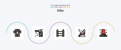 mördare linje fylld platt 5 ikon packa Inklusive kniv. skära. zippo. blod. signal- vektor