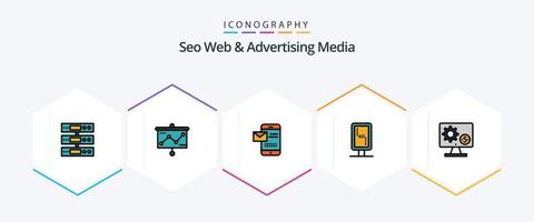 seo webb och reklam media 25 fylld linje ikon packa Inklusive baner styrelse. varumärke. projektor. styrelse. chatt vektor
