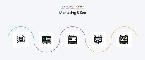 Marketing und SEO Linie gefüllt eben 5 Symbol Pack einschließlich Marketing. Statistik. seo. Präsentation. Diagramm vektor