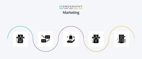 marknadsföring glyf 5 ikon packa Inklusive telefon. penna. ahnd. mobil. högtalare vektor