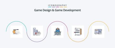 Spiel Design und Spiel Entwicklung Linie gefüllt eben 5 Symbol Pack einschließlich Datei. Code. spielen. CEO. Legende vektor