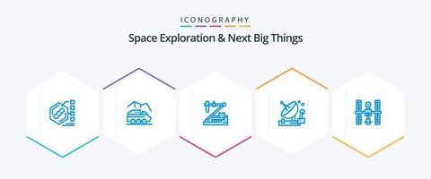 Plats utforskning och Nästa stor saker 25 blå ikon packa Inklusive parabolisk. antenn. yta. forskning. genetik vektor
