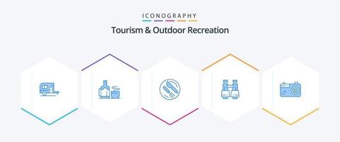 turism och utomhus- rekreation 25 blå ikon packa Inklusive bild. syn. lunch. Sök. kikare vektor