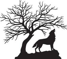 Silhouette von Heulen Wolf und unheimlich nackt schwarz Baum. Vektor Illustration.