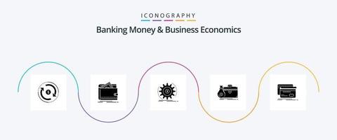 bank pengar och företag ekonomi glyf 5 ikon packa Inklusive fall. portfölj. personlig. pengar. inkomst vektor