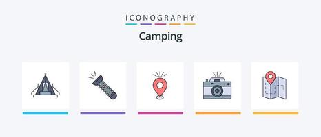 camping linje fylld 5 ikon packa Inklusive camping. kniv. Sol. plats. planen. kreativ ikoner design vektor
