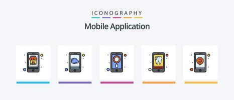 mobil Ansökan linje fylld 5 ikon packa Inklusive mobil. shoppa. data. uppkopplad affär. köpa. kreativ ikoner design vektor