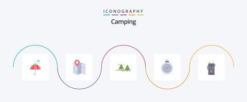 Camping eben 5 Symbol Pack einschließlich Navigation. Kompass. Schiene. Kiefern. Urwald vektor
