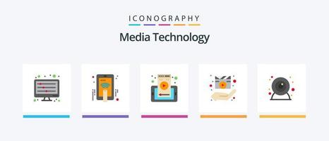 media teknologi platt 5 ikon packa Inklusive kamera. media spelare. webb sida. händer. direktör. kreativ ikoner design vektor