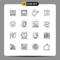 Gruppe von 16 Umrisse Zeichen und Symbole zum glücklich Emoji Elektrizität Plaudern Liebe editierbar Vektor Design Elemente