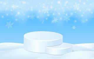 vinter- scen med cylinder podium. jul skede på snö bakgrund. vektor 3d illustration lysande snöflingor faller. vinter- landskap, blå himmel, snöstorm. tömma Plats för produkt design.