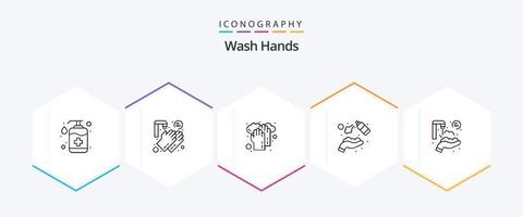 tvätta händer 25 linje ikon packa Inklusive tvättning. händer spray. tjugo sekunder. rena. tvättning vektor